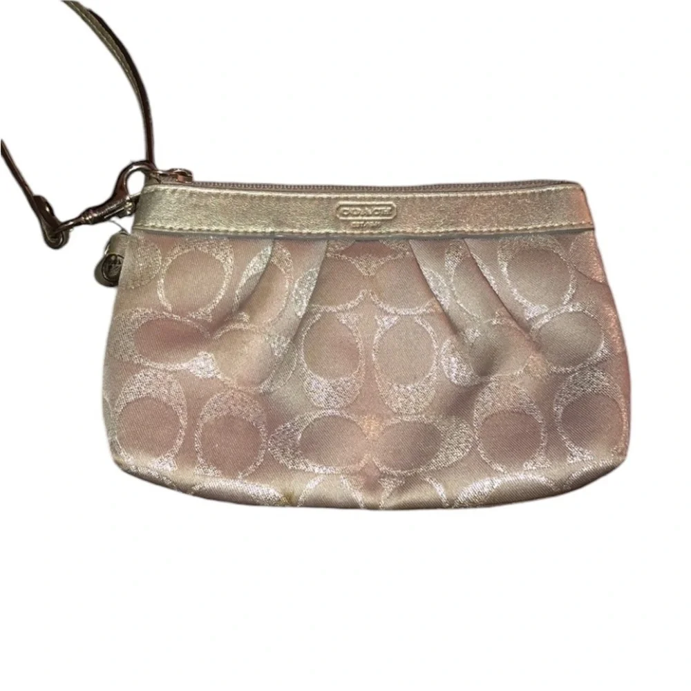 Coach silver monogram Wristlet blue satin interior cards,cards & key fob